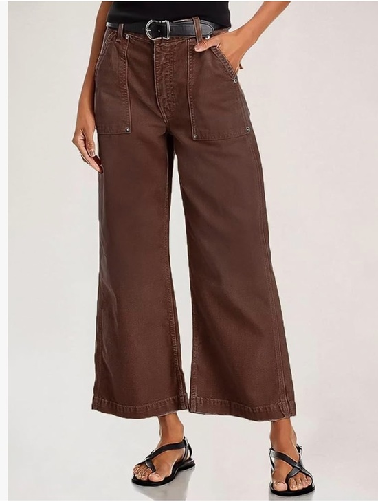 Flamingals Pants - Flamingals Flap Pocket Back Mid Waist Wide Leg Crop Pants in Brown
